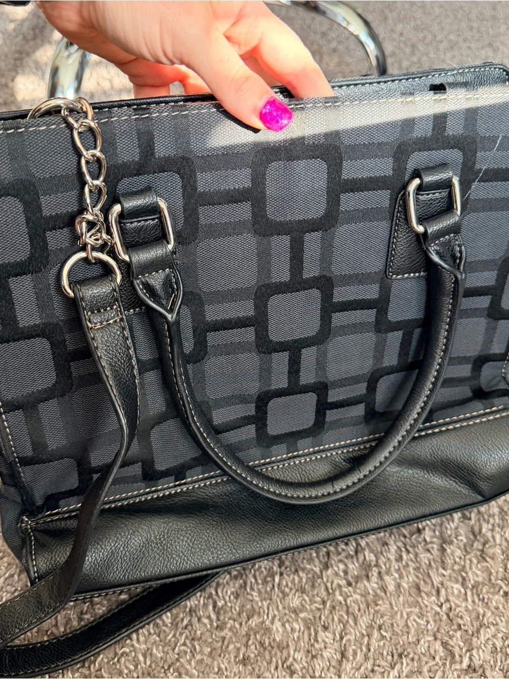 Nine West Black Pattern Handbag with Long Strap and Short Strap